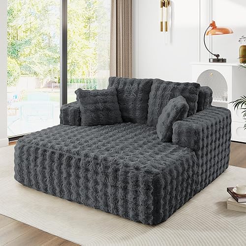 56" W Oversized Chaise Lounge Chair Indoor,Plush Faux Fur Sleeper Couch Sofa Bed with Pillows,Fluffy Comfy Cloud Sofa,Compression Foam Boneless Couch for Living Room,Bedroom(Bubble, Grey)