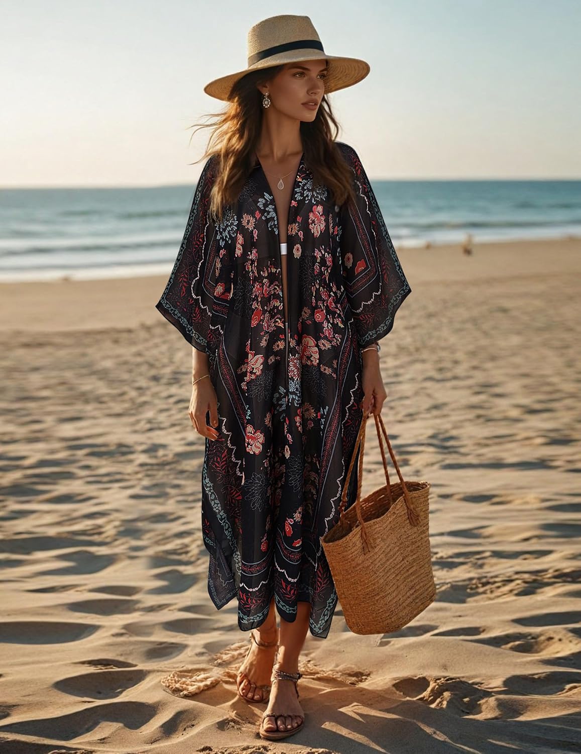 MayBuy Women's Summer Long Flowy Kimono Cardigans Boho Chiffon Beach Cover Up Tops - Image 3