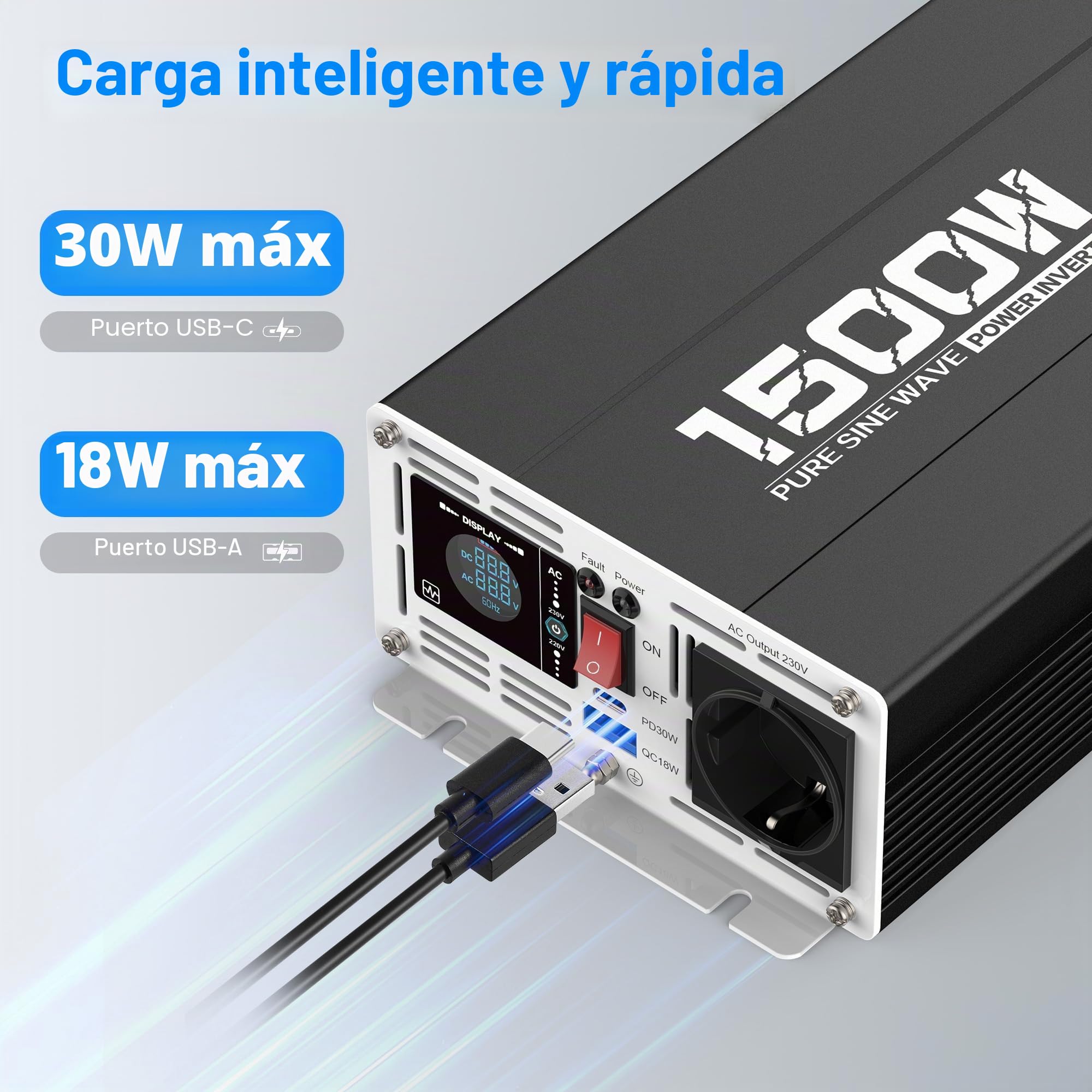 Inversor de corriente sinusoidal puro de 1500 W/3000 W, 12 V a 230 V, 1 enchufe europeo, con 1 x PD 30 W USB-C, 1 x QC 3.0 18 W USB-A de carga rápida, pantalla LCD para autocaravana, camión
