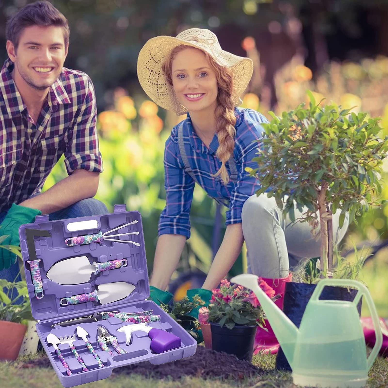 Juego de herramientas de jardinería con maleta, 10 herramientas de jardinería con estampado florales, mango ergonómico espátula rascador deshierente podadora pulverizadora