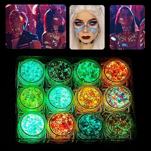 Eleanore's Diary - Gel de purpurina que brilla en la oscuridad, conciertos para festivales de música y rave, 12 colores brillantes de sirena para el