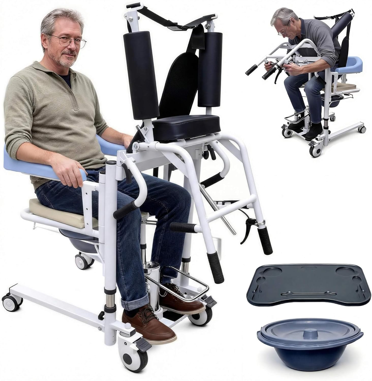 Patient Lift Transfer Chair for Home, Hydraulic Lift with 180° Open Design, Sit to Stand Lift for Elderly,Disabled,Portable Transfer Chair for Bed, Toilet, Shower,Car | Silla de Transferencia (blue)