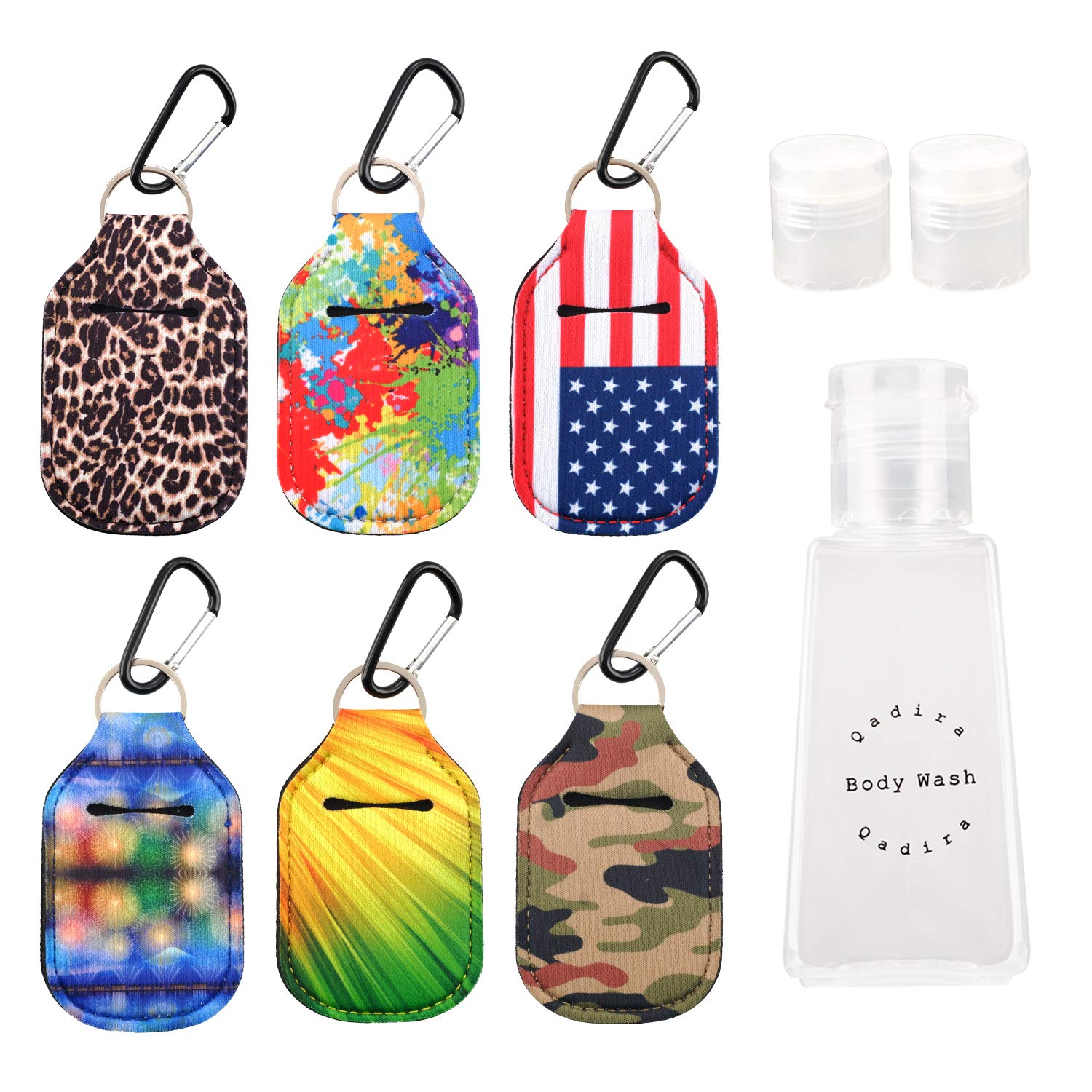 Qadira Hand Sanitizer Holder Travel Size Bottle Keychain Holder Carrier Bag Refillable Bottles for Soap Lotion and Liquids - 30ML(1oz)Clip On Belt Loop, Backpack and Purse Keychain(6 packs)