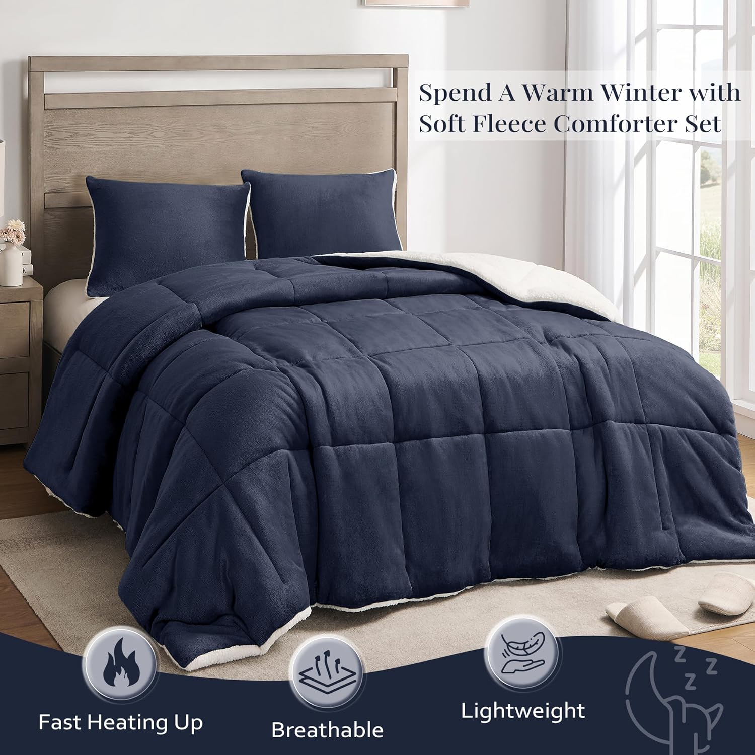 Basic Beyond King Size Comforter Set - Thick Fleece Sherpa Comforter Sets King Size Bed, Soft and Fuzzy Bedding Comforter Set King Size for Winter, Navy, 104"x88" - Image 2