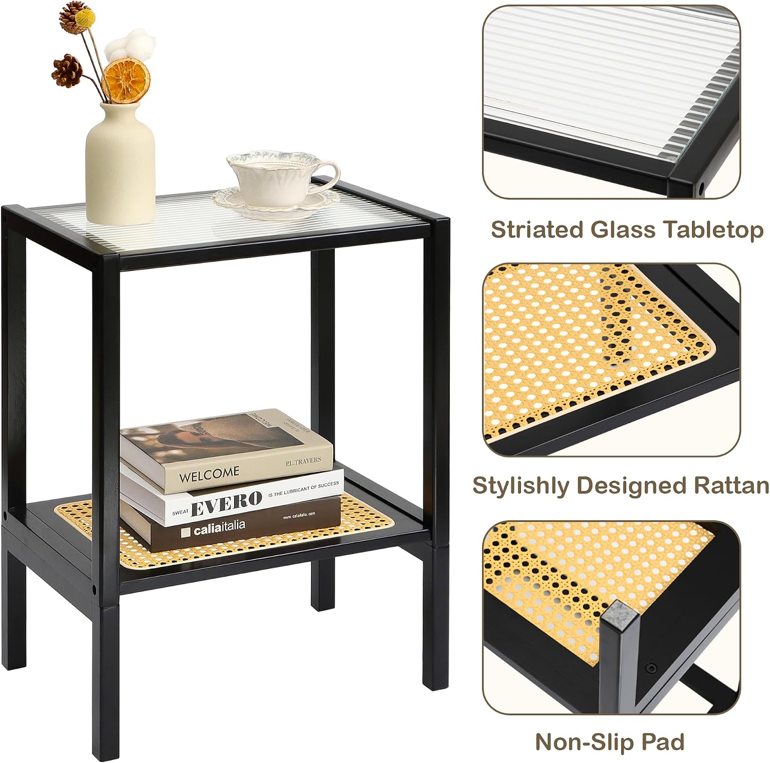 2-Tier Bamboo Side Table, Modern Glasstop Rattan Side Table, Mid Century Wood Sofa-Side End Tables for Living Room, Bedroom Night Stand with Storage, Small Narrow Coffee Tables, Black