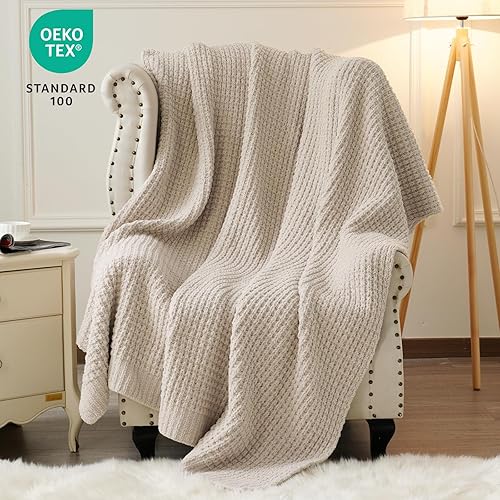 Miniatura 2 de PHF Manta de punto gofre de felpilla, cálida y acogedora de 50 x 60 pulgadas, ultra suave, gruesa y esponjosa, para sofá y cama, color natural
