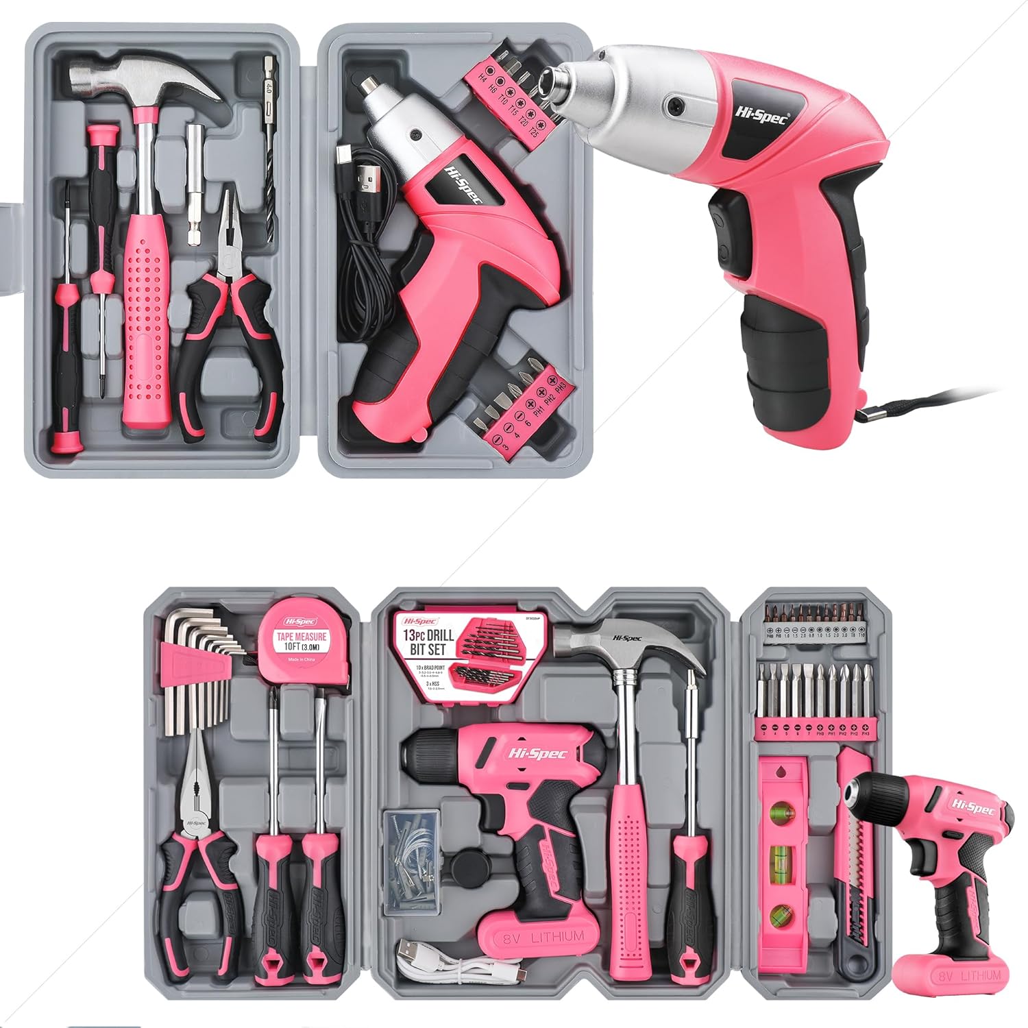Hi-Spec Electric Screwdriver 19pc 3.6V Pink USB Small Power Screwdriver Set and 58pc Pink 8V USB Electric Power Cordless Drill Driver Tool Kit