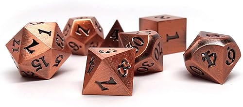Juego de dados de metal legendario de 7 piezas, diseños de bronce, oro, plata y cobre con fuente de firma (cobre legendario)