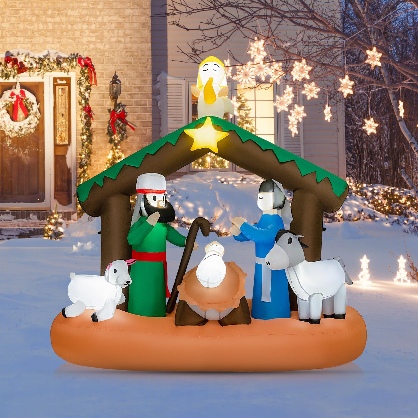 COSTWAY 180 cm Aufblasbare Weihnachtskrippe, Weihnachtsdeko mit LED-Lichter, Nachstellung der Geburt Jesu, Weihnachtsbeleuchtung, Weihnachtsdekoration für drinnen und draußen, selbstaufblasend