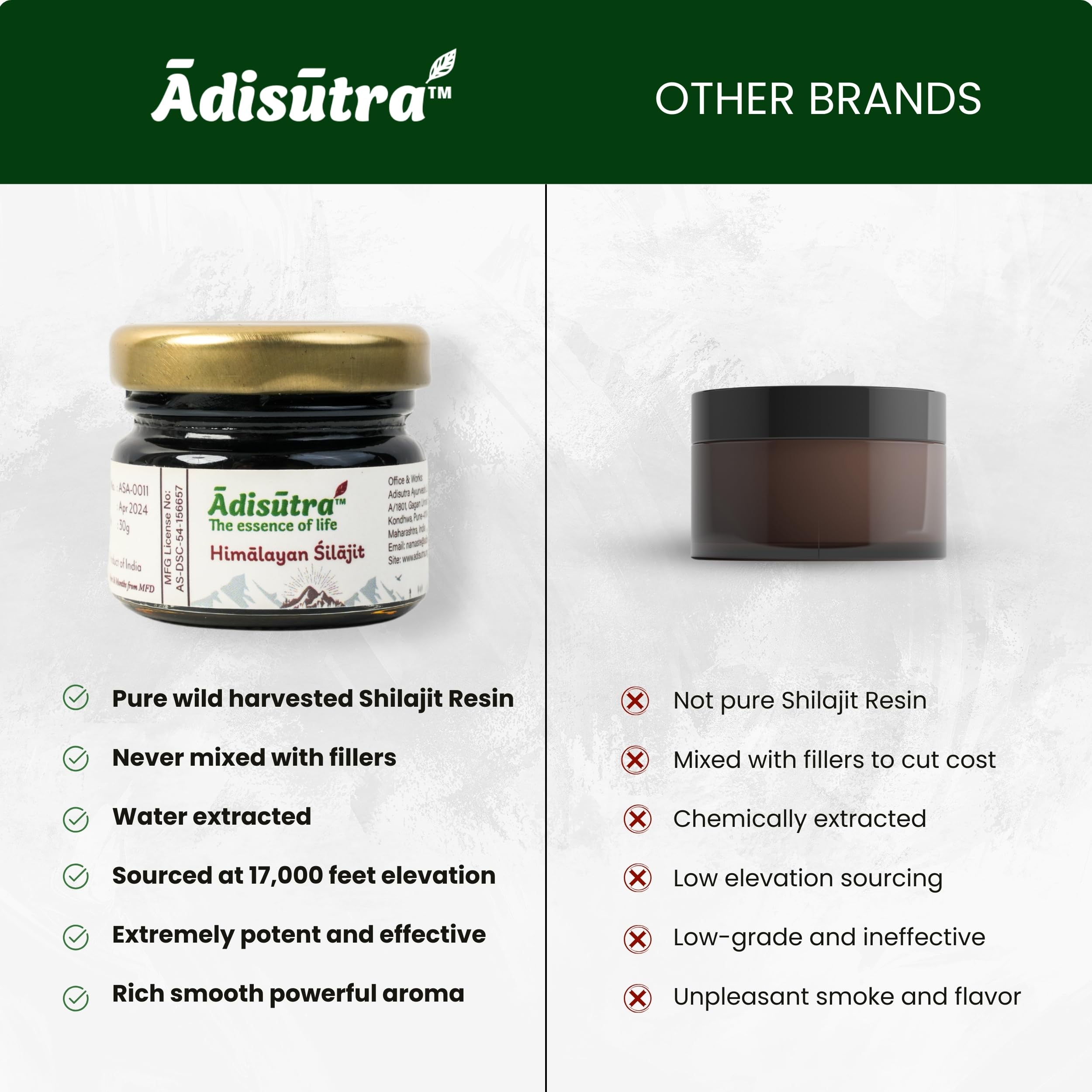 Żywica Adisutra Shilajit/Shilajeet 30 g | 500 mg na porcję – 60 porcji | dla zdrowia mózgu, energii i witalności | Przebadana laboratoryjnie przez Eurofins, zawiera aż 76,7% kwasu fulwowego | 100% ocz