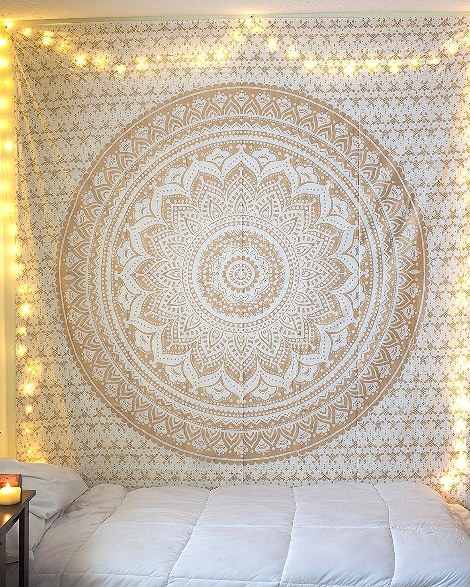 Tapiz bohemio para colgar en la pared, colcha metálica para colgar en la pared, decoración de dormitorio con mandala hippie psicodélico para colgar, ropa de cama, cortina de playa, dorado, 54 x 60 pulgadas
