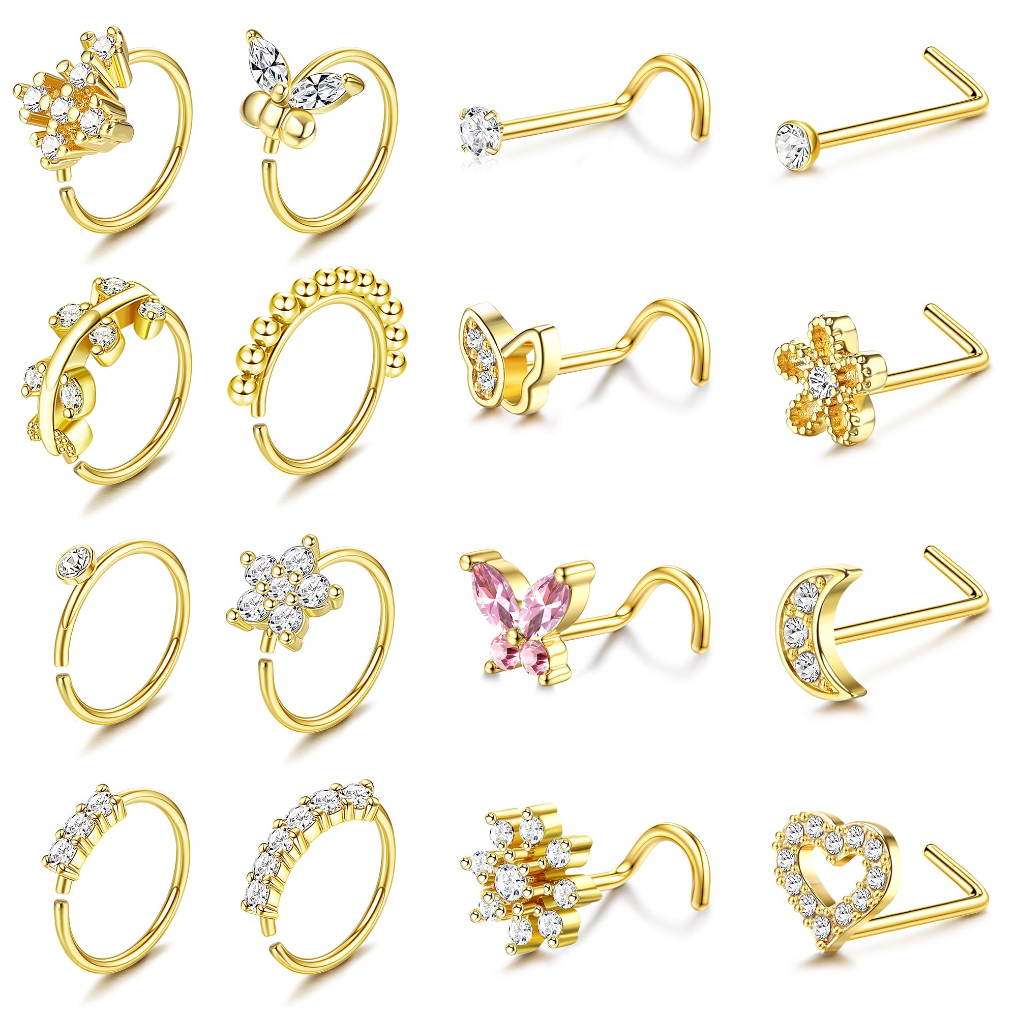 16Pcs Nose Rings for Women Surgical Steel Nose Studs Hoops 20G Nose Hoop Corkscrew L Shaped Nose Stud Gold Silver Nose Ring Nose Piercing Jewelry