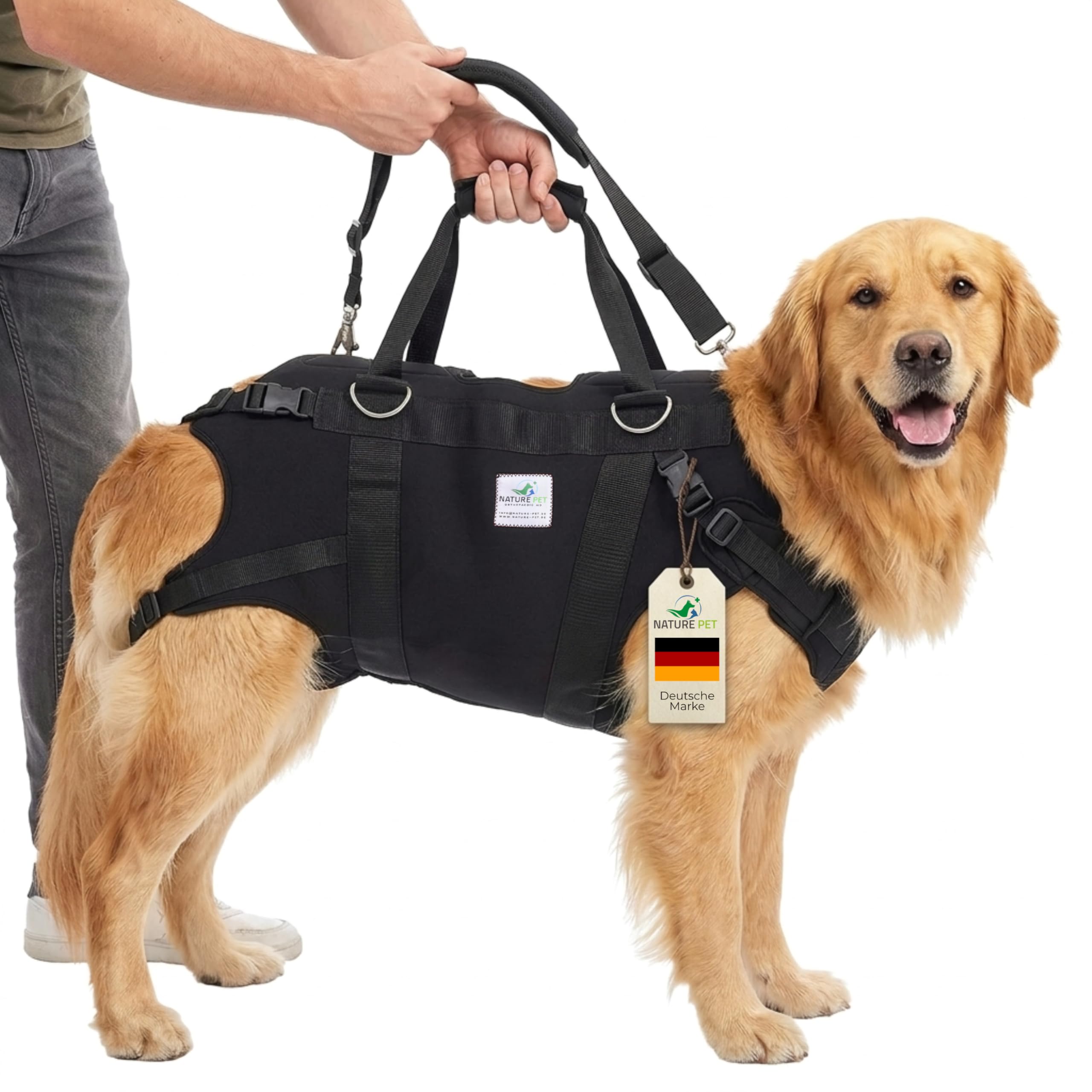 NATURE PET Hunde TRAGEHILFE GANZKÖRPER – Tragehilfe für Hund in Groß mit gepolstertem Hundetragegurt aus 4mm Neopren – Hebegeschirr für Reha, Treppen & Auto – verstellbar & stabil – Größe XL