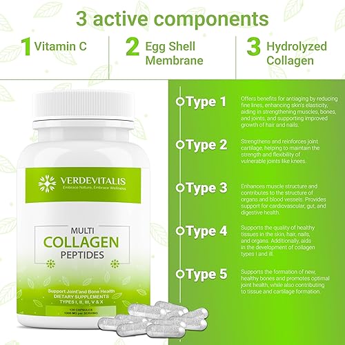 Miniatura 5 de Cápsulas de péptidos de colágeno múltiple, sin OMG y sin gluten, tipo I, II, III, V, X, suplementos de colágeno hidrolizado con vitamina C - Apoya