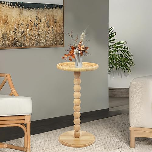 Miniatura 3 de Mesa auxiliar redonda, mesa pequeña de madera maciza para espacios pequeños, mesa auxiliar de ratán bohemio para sala de estar, mesa decorativa