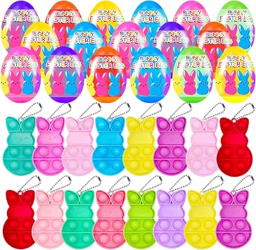 24 PCS Prefilled Easter Eggs with Bunny Pop Bubble Fidget Keychains Toy Inside for Kids Boys Girls Easter Basket Stuffers Party Favors Easter Egg Fillers Hunt