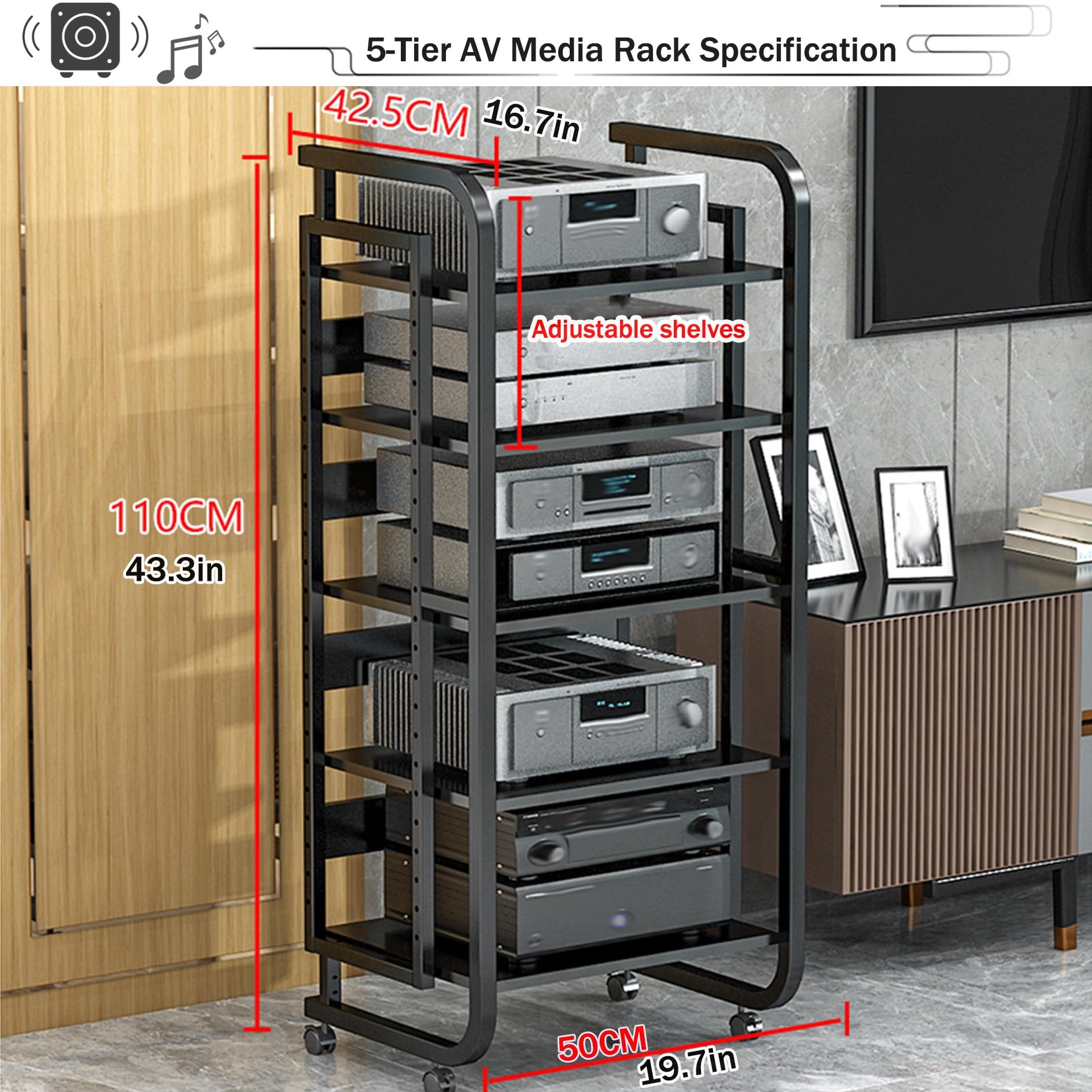 Multimedialny stojak Av 4/5-poziomowy drewniany gramofon stojak stereo konsola audio-wideo do przechowywania płyt CD/DVD centrum rozrywki dla domu i biura, bianco-50 x 42,5 x 110 cm