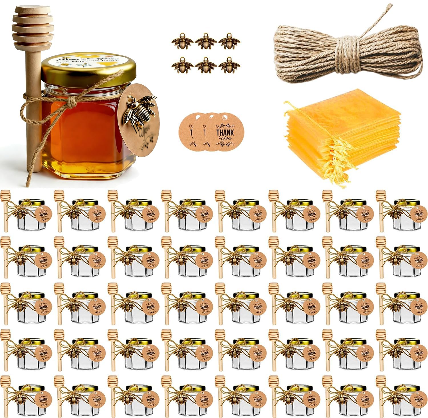 Paquete de 40 Tarros de Miel de Vidrio Con Gotero - Para Baby Shower, Boda y Fiesta - Tapas Doradas, Colgantes de Abeja, Yutes y Tarjetas