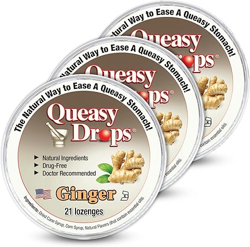 Miniatura 26 de Queasy Drops - Paquete de 3: 21 gotas cada una, sin drogas y sin gluten, cinco sabores: té verde con limón, jengibre, frambuesa, plátano y cola, 21