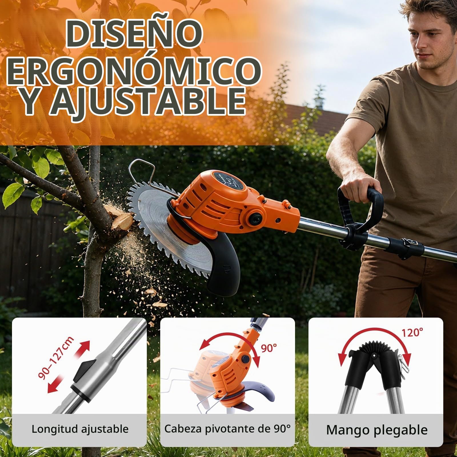 Desbrozadora a Batería 21V, Desbrozadora Eléctrica Sin Cable 4 en 1 con 2 Baterías 2000mAh, Cortabordes Eléctrico Potente 850W 9500RPM para Jardín, Césped y Maleza
