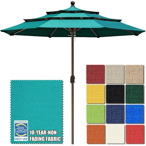 EliteShade USA 10-Year-Non-Fading 11ft 3-Tier Market Patio Umbrella, Commercial Grade Outdoor Table Umbrella with Crank Open, Windproof & UPF 50+ UV Protection, Heavy Duty Ventilation for Garden, Deck, Pool, Backyard, Beach & Bistro, No Tilt, Teal