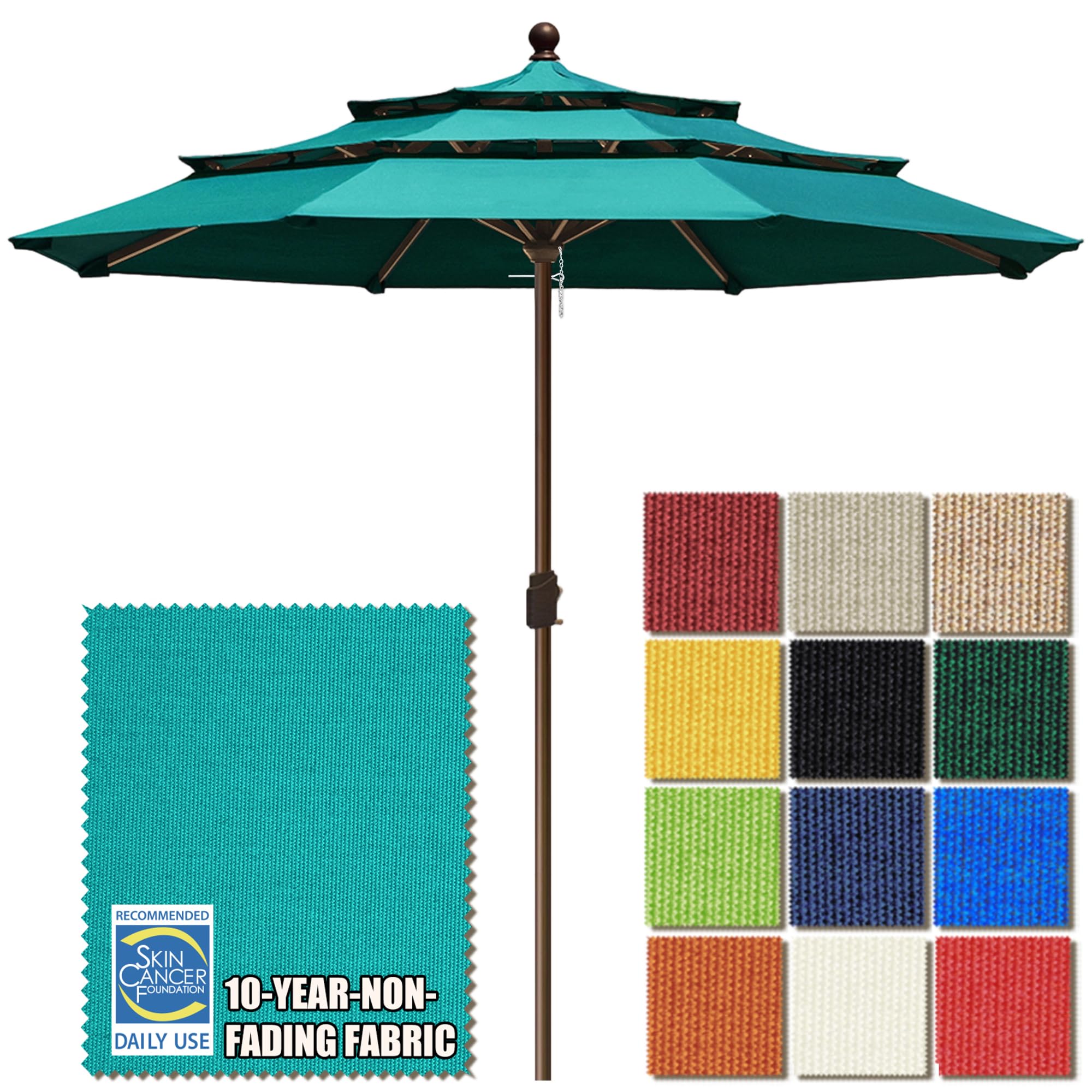 Photo 1 of EliteShade USA 10-Year-Non-Fading 11ft 3-Tier Market Patio Umbrella, Commercial Grade Outdoor Table Umbrella with Crank Open, Windproof & UPF 50+ UV Protection, Heavy Duty Ventilation for Garden, Deck, Pool, Backyard, Beach & Bistro, No Tilt, Teal
