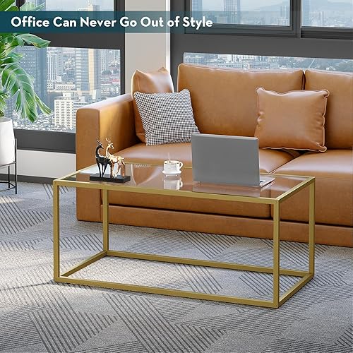 Miniatura 7 de SAYGOER Mesa de centro dorada de cristal, mesa central rectangular moderna, mesa de sofá minimalista simple para sala de estar, oficina en casa,