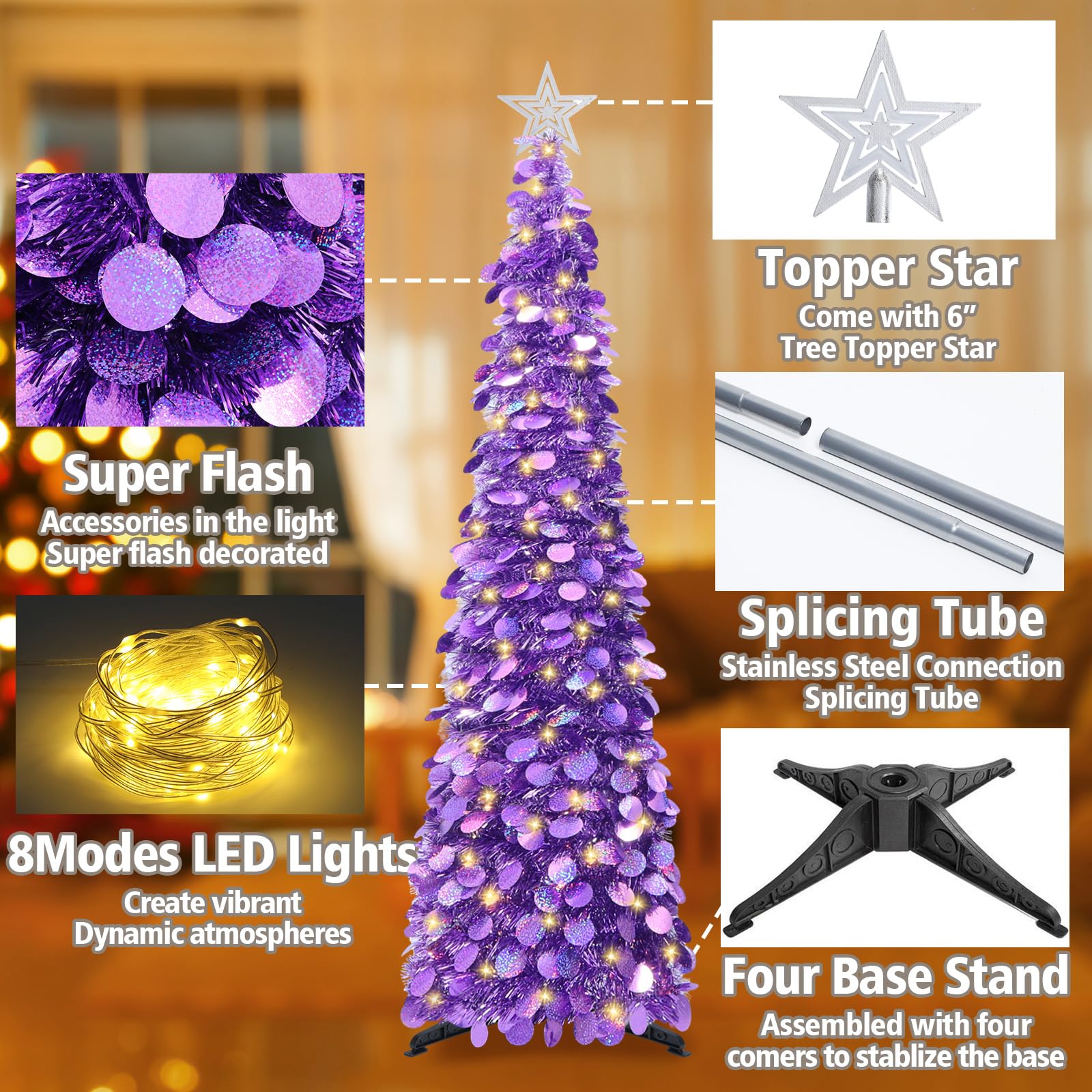HMASYO Sapin de Noël pop-up de 1,5 m avec lumières minuterie, sapin de Noël artificiel pliable pour intérieur, maison, appartement, porche, décorations de fête de vacances - Violet