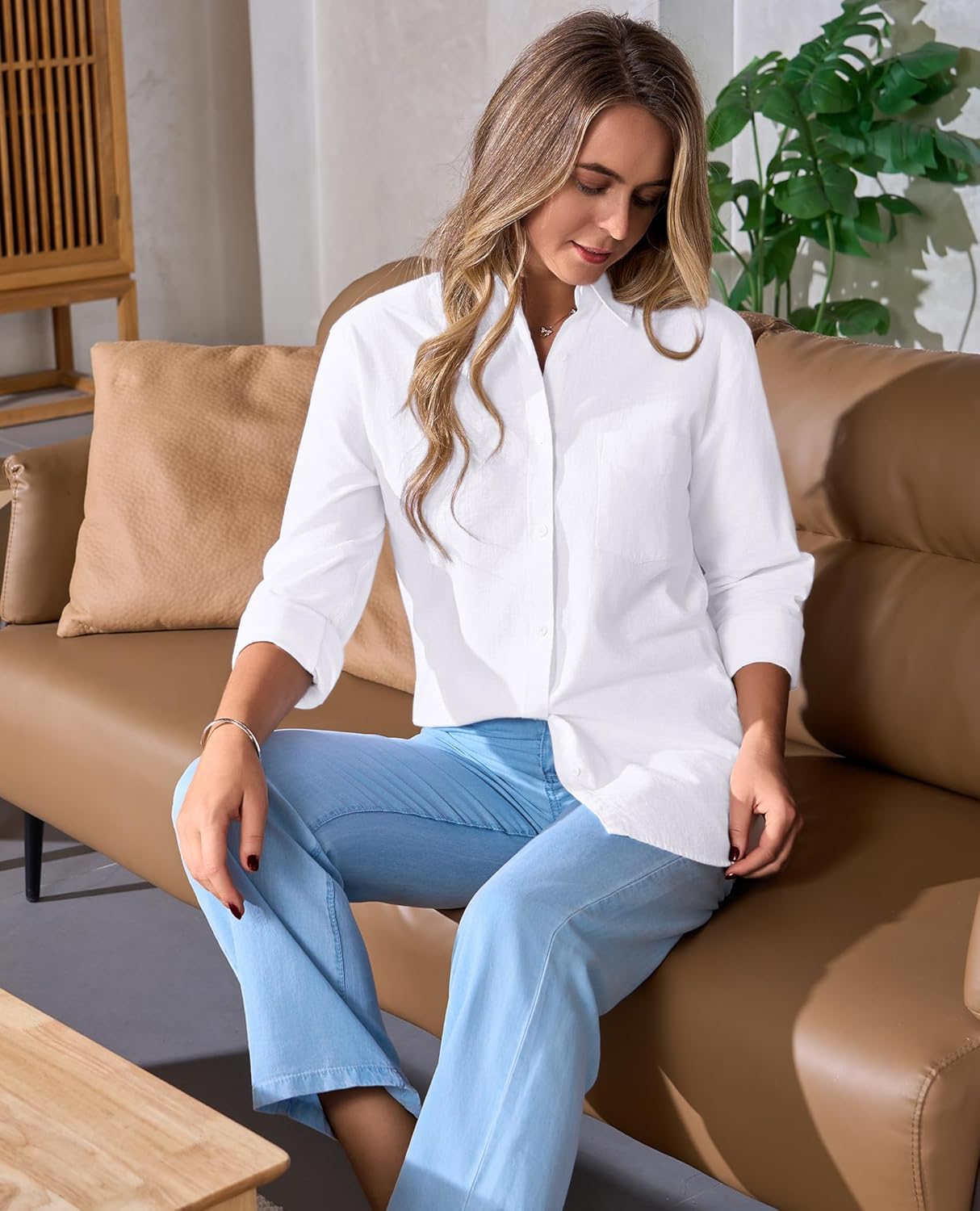 siliteelon Womens Button Down Shirt Linen Button Up Shirts for Women Long Sleeve Summer Shirt Collared Blouse Linen Tops - Image 4