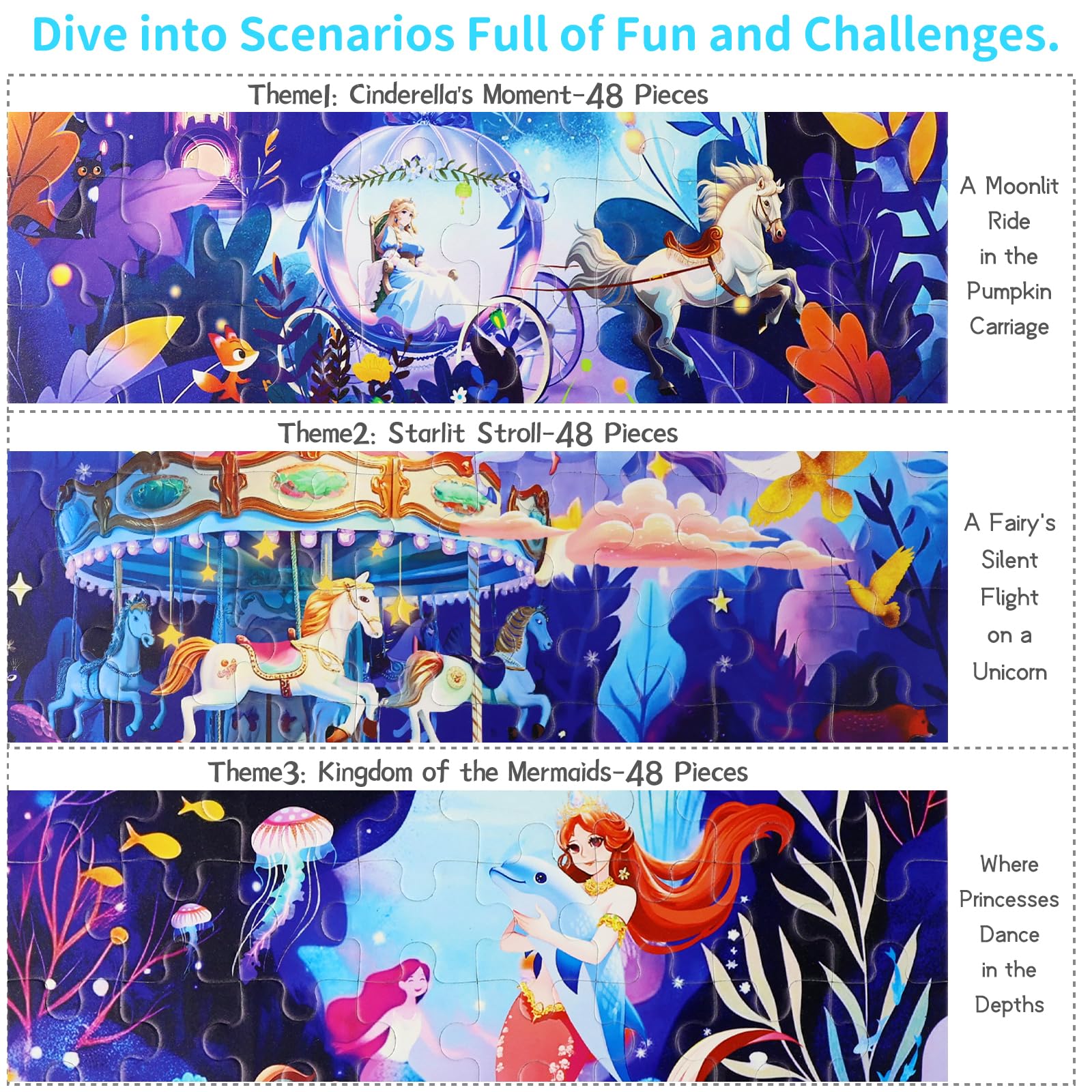 Puzzles for Girls Ages 5 6 7 8 Princess Themes (Carousel/Unicorn/Mermaid, 3 Sets x 48 Pieces) - Image 2