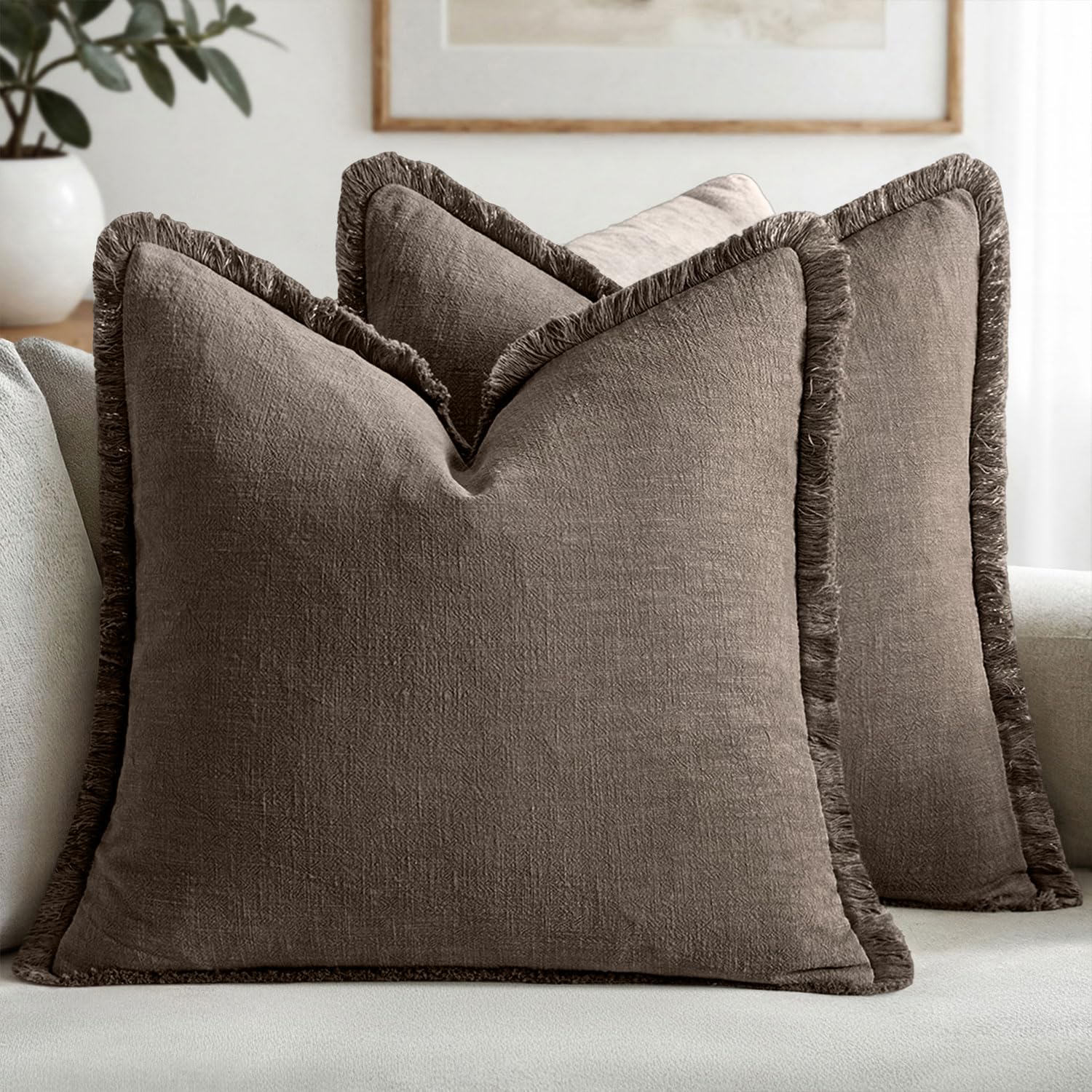 MIULEE Linen Fringe Decorative Fall Euro Throw Pillow Covers Coffee 24x24