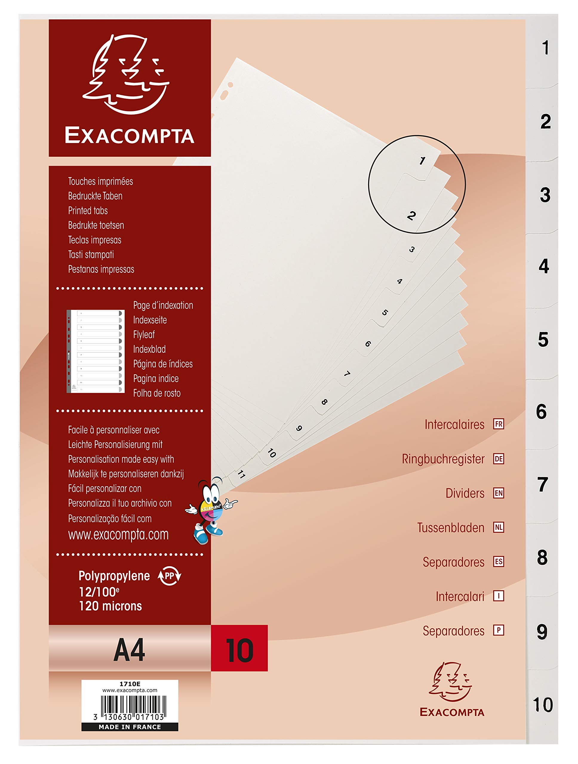 Exacompta 1 To 10 Numerical Dividers 100% Recycled A4 Grey 10 Part Pp (Polypropylene) 11 Holes 1710E