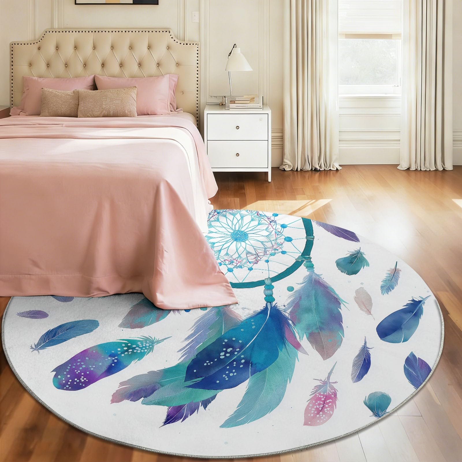 Teppich Rund Boho Wohnzimmer 160 cm Durchmesser | Mit Traumhafter Traumfänger Mit Federn Muster, Geeignet Schlafzimmer Bettvorleger, Kurzflor rutschfest Waschbar, Mehrfarbig Blau