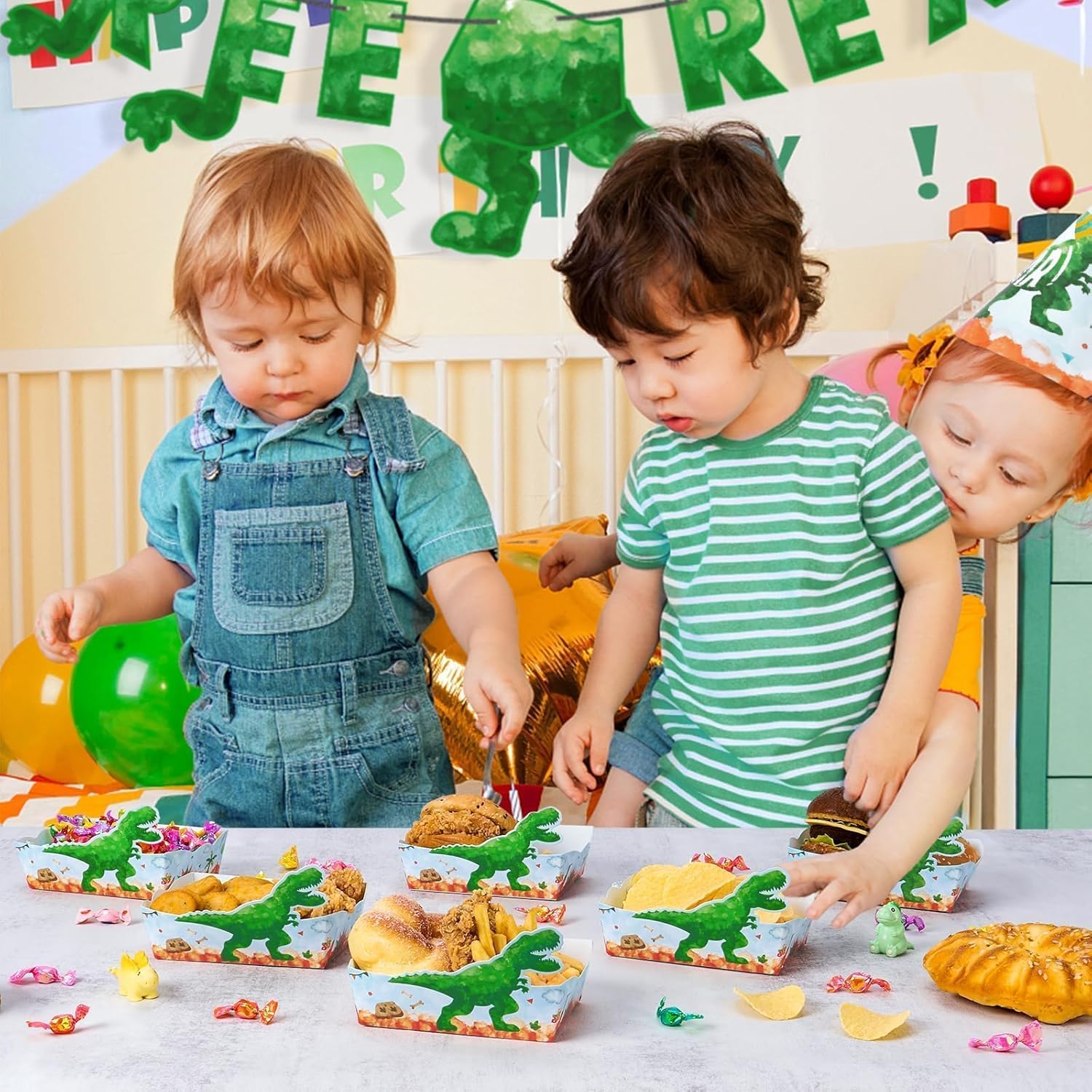 WERNNSAI Dinosaur Birthday Decorations - 24 PCS Dinosaur Paper Food Trays Green Paper Serving Boats Disposable Serving Dino Boats for Snacks French Fries Nachos Hot Dog Tacos BBQ Party