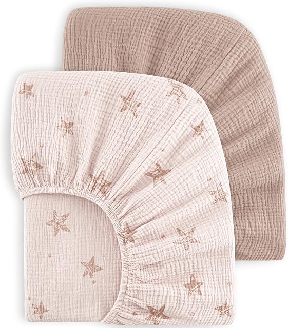 Bearmoss Muslin Feuilles de literie 100% Feuilles de bébé en coton pour lit bébé pour matelas standard & Matelas de lit pour tout-petit 52"x28" doux respirant feuille de berceau neutre pour les garçons filles - 2 Pack (Pink Star)