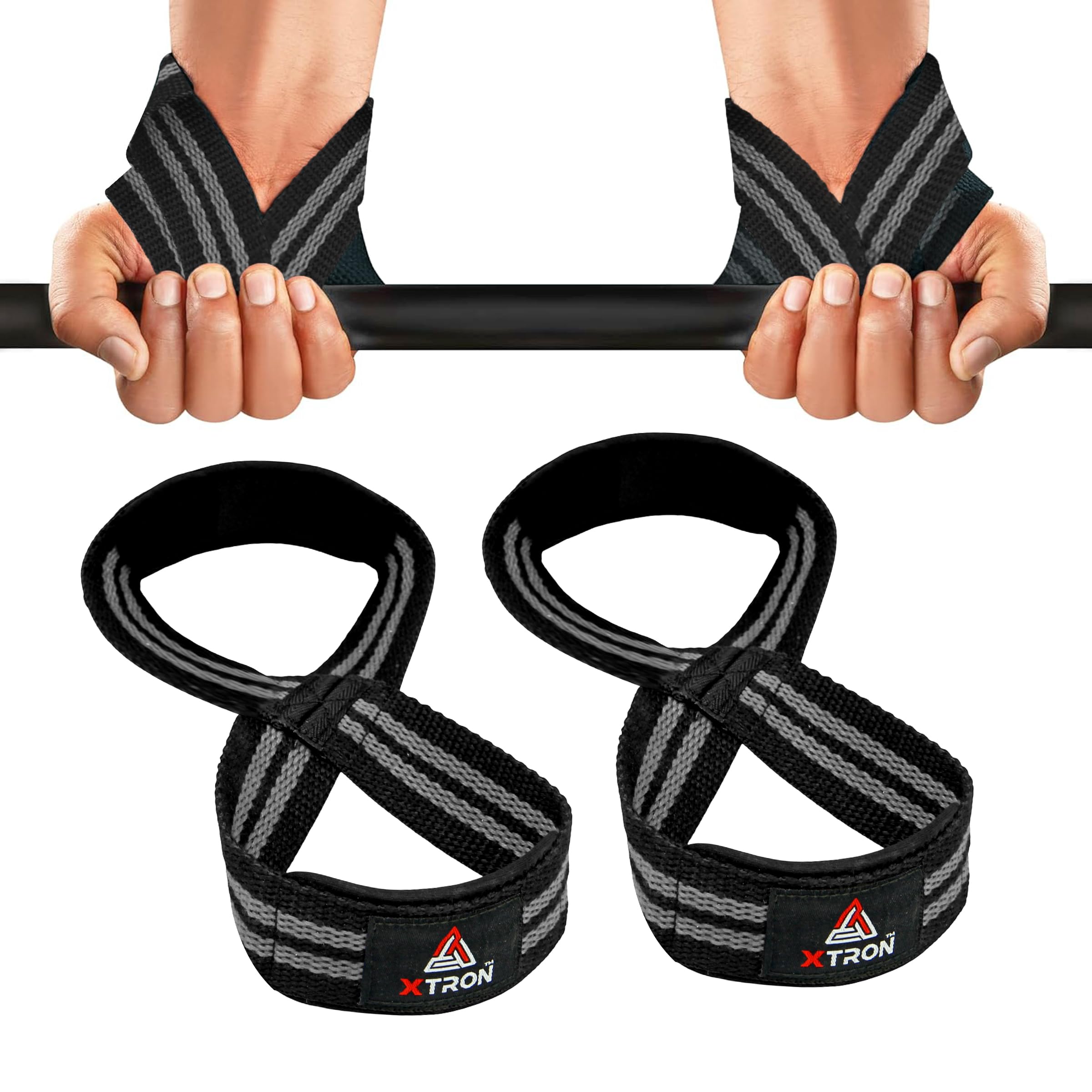 XTRON Weight Lifting Wrist Straps, Figure 8 Wrist Support with cuff Padded, Strong Bar Grip & Lift Heavy Weight, for Deadlift, Powerlifting, Gym Workout, Strength Training Fitness Exercise, for Men, set of 2 pc Wrist Straps Figure 8 (DX 089) Black (Black Grey)-picture-33