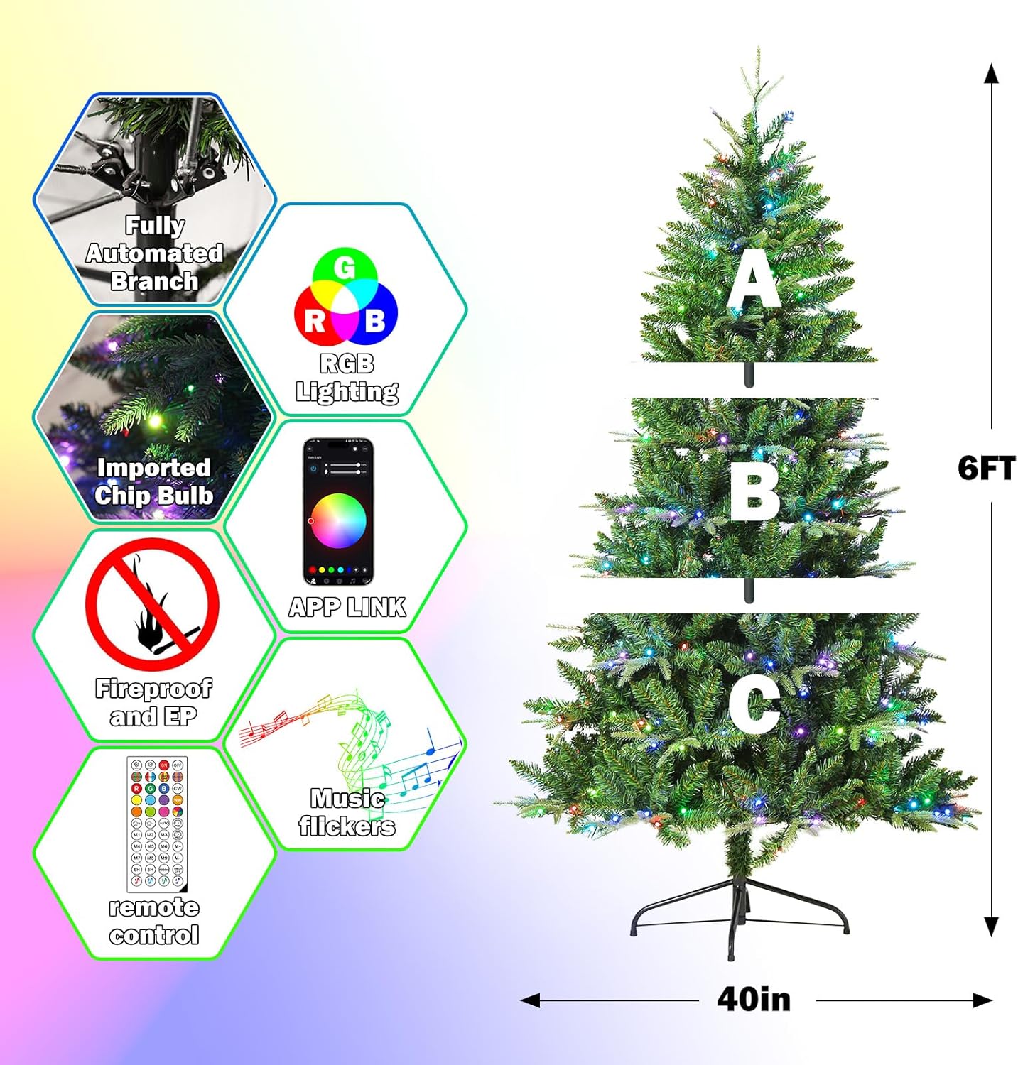 6ft Prelit Christmas Tree with 300 LED Lights, Artificial Christmas Tree with App-Controlled Multi-Color RGB Lights, 925 Branch Tips, Easy to Assemble, for Home Outdoor