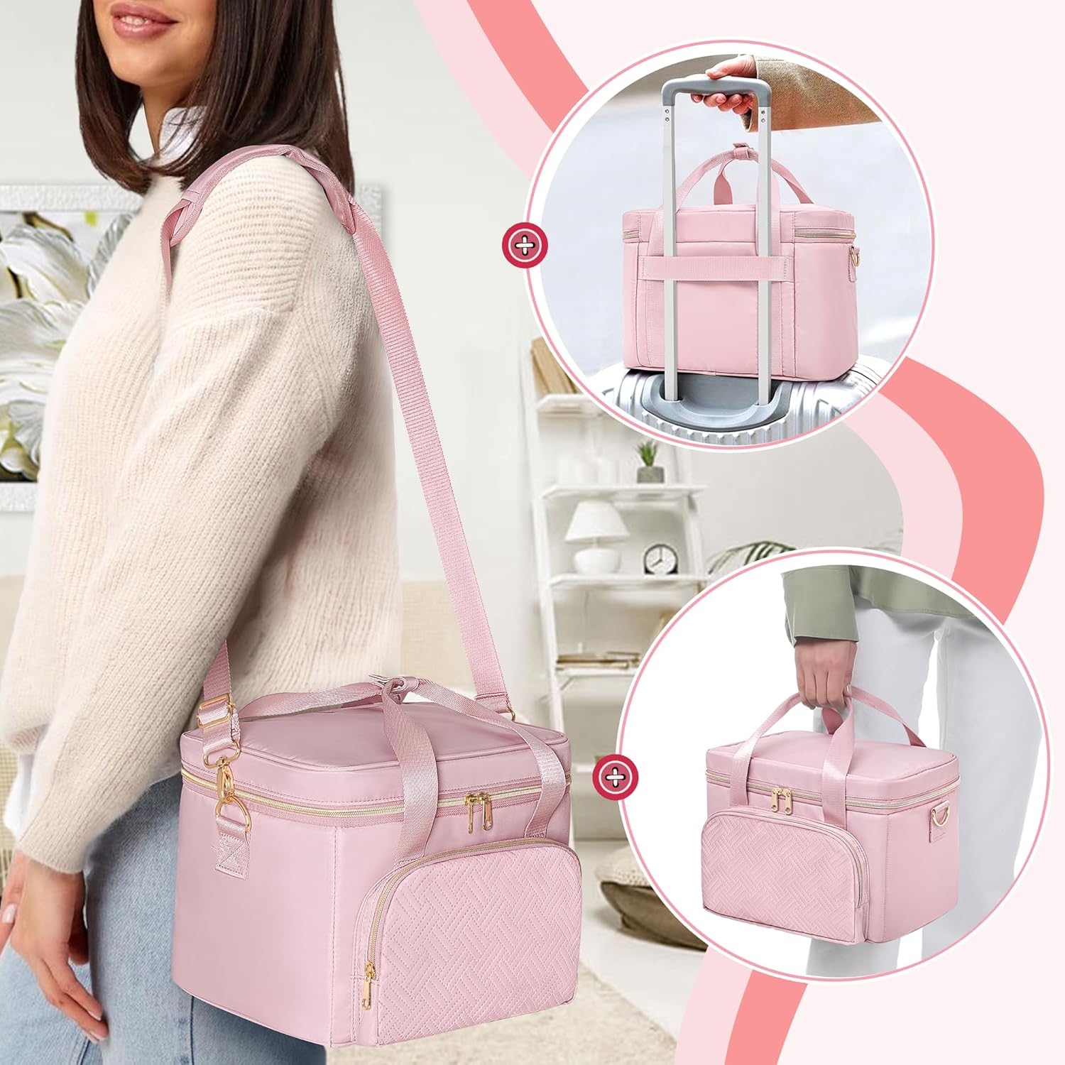 Sewing Storage Organizer with 2 Detachable Cases, Large Sewing Supplies Bag for Sewing Accessories and Tools, Pink(Bag Only)