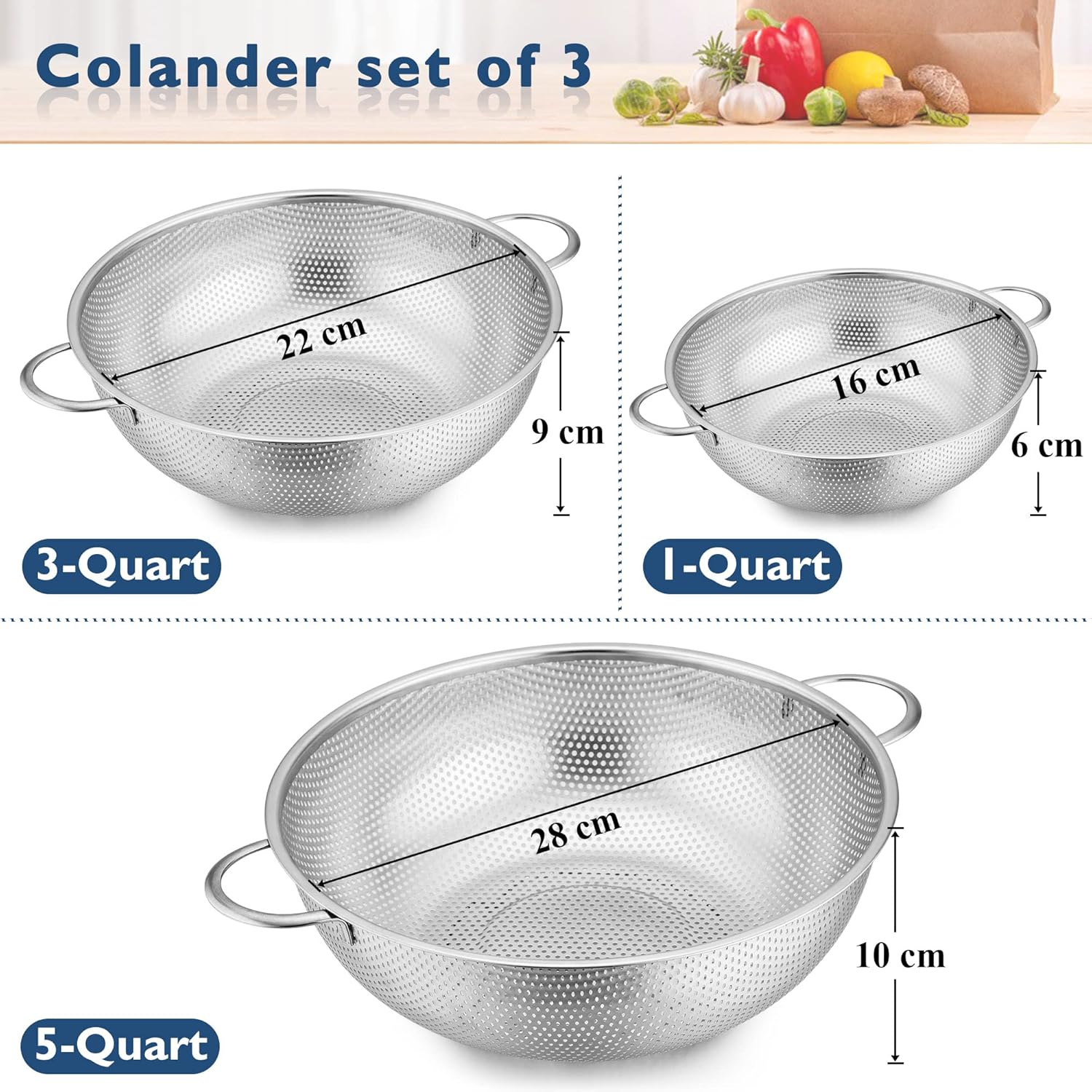 Herogo Colander Stainless Steel Set of 3, MicroPerforations Colanders