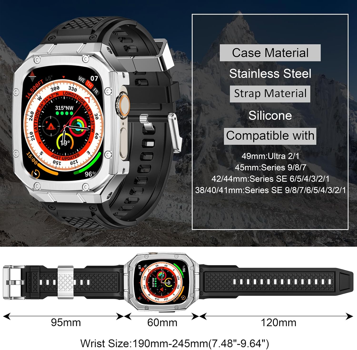 SUPLINK Stainless Steel Case Sport Bands Compatible with Apple Watch Ultra 2 Band/Apple Watch Ultra Bands 49mm Mens,Rugged Cover Protective Bumper Soft Silicone Strap for iWatch Band Silver - Image 3