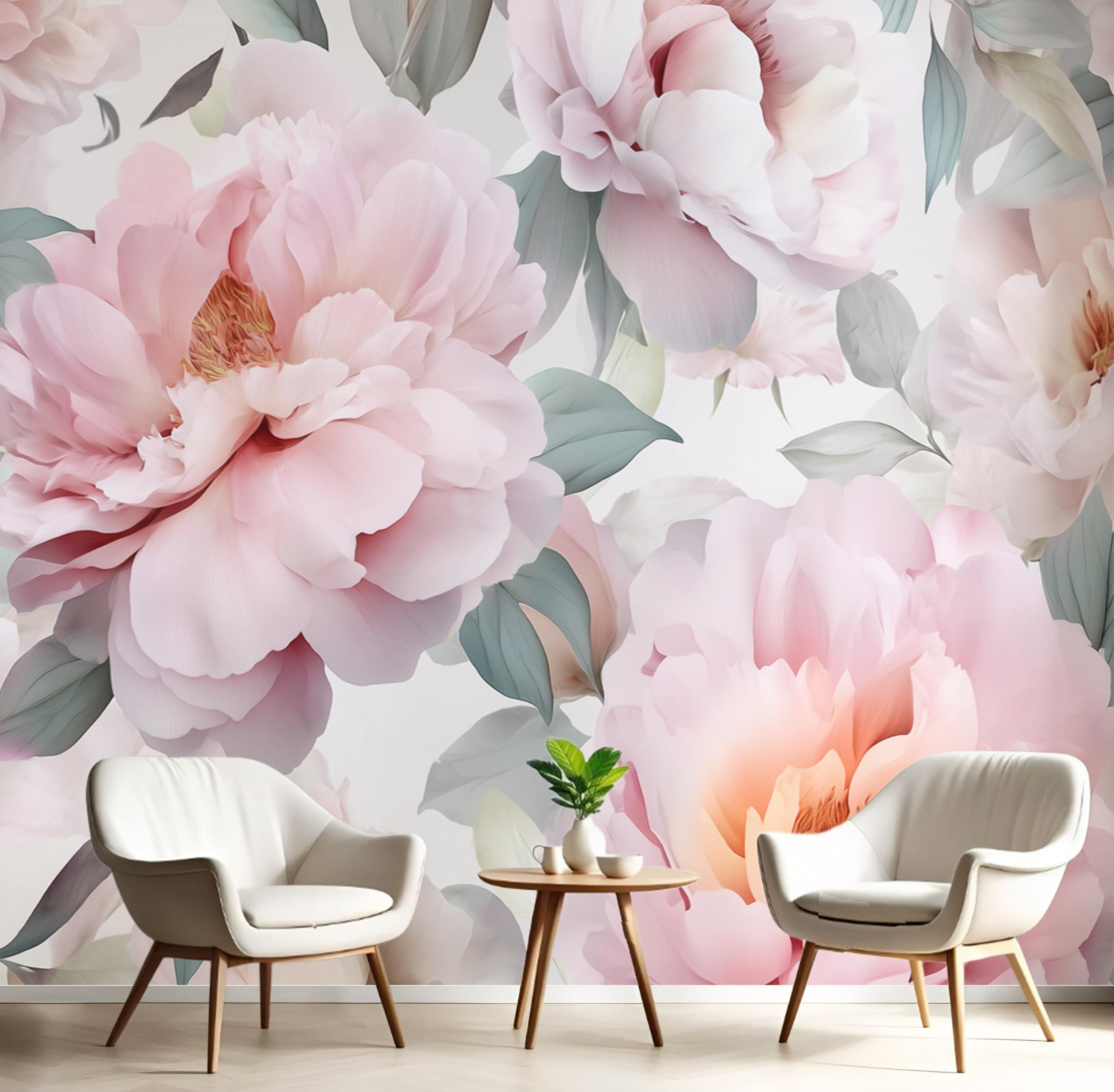 Papier peint panoramique 3D soie d'exception gris rose motif pivoines géantes