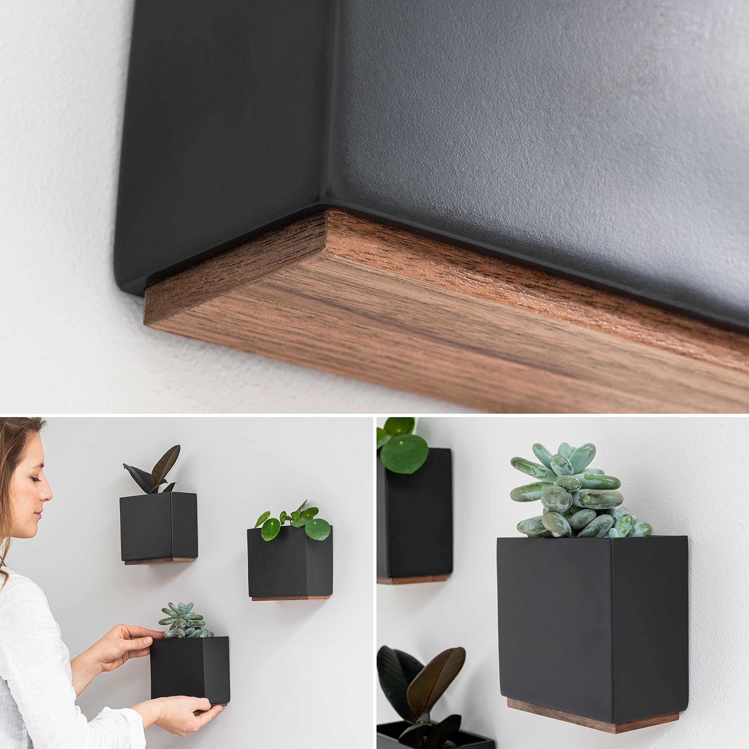 Kazai. Wandvasen -Alma- | Moderne Hängende Blumentöpfe für die Wand | 3-teiliges Übertopf-Set aus hochwertigem Resin für Zimmerpflanzen, Kunstpflanzen, Blumen u.m. | Schwarz