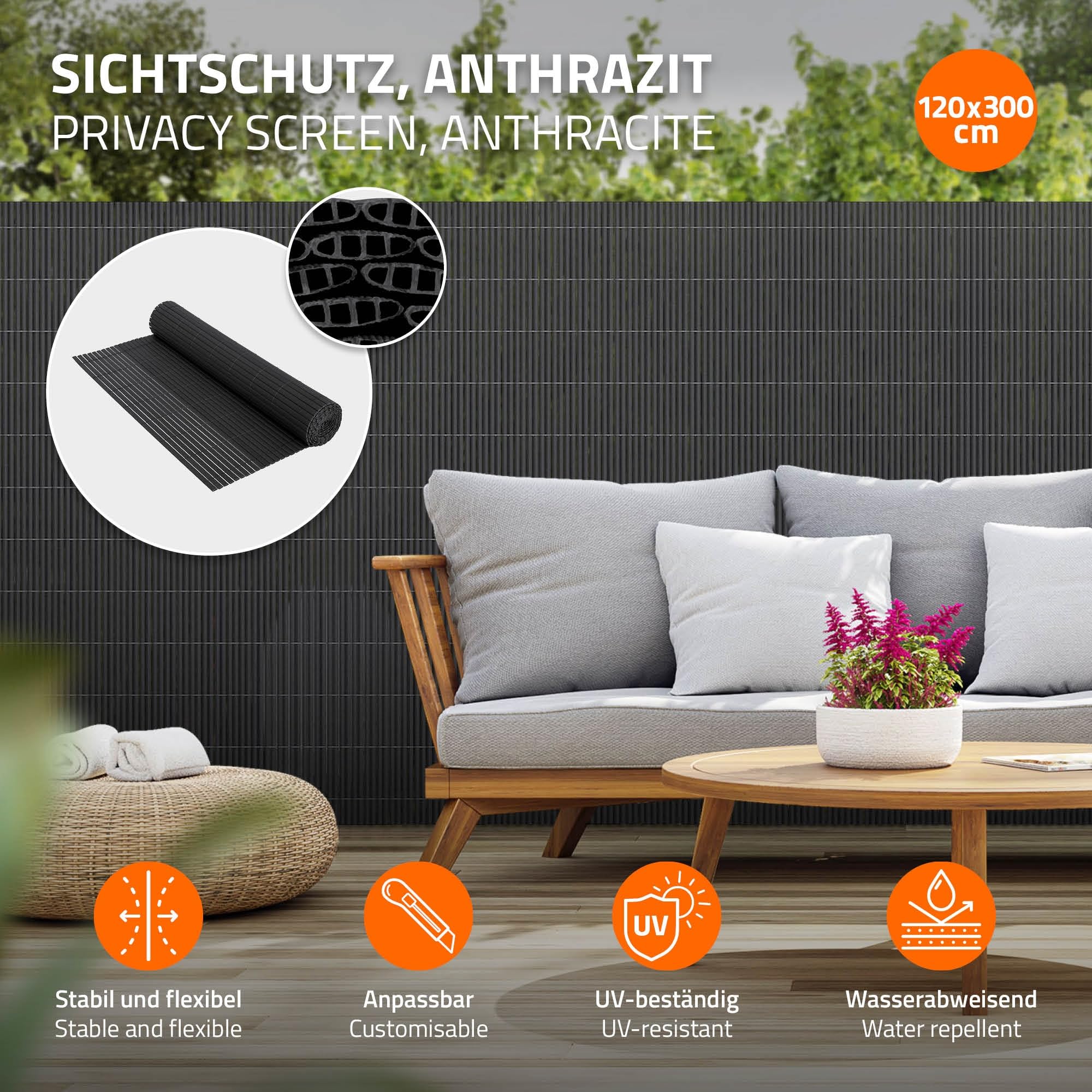 ECD Germany Filet de Protection Visuelle PVC 120x300 cm, Anthracite, Brise-Vue Triple Renforcement, Pare-Vent, Canisse Opaque Étanche/Résistant aux UV, Natte Cache-Clôture pour Jardin Balcon Terrasse