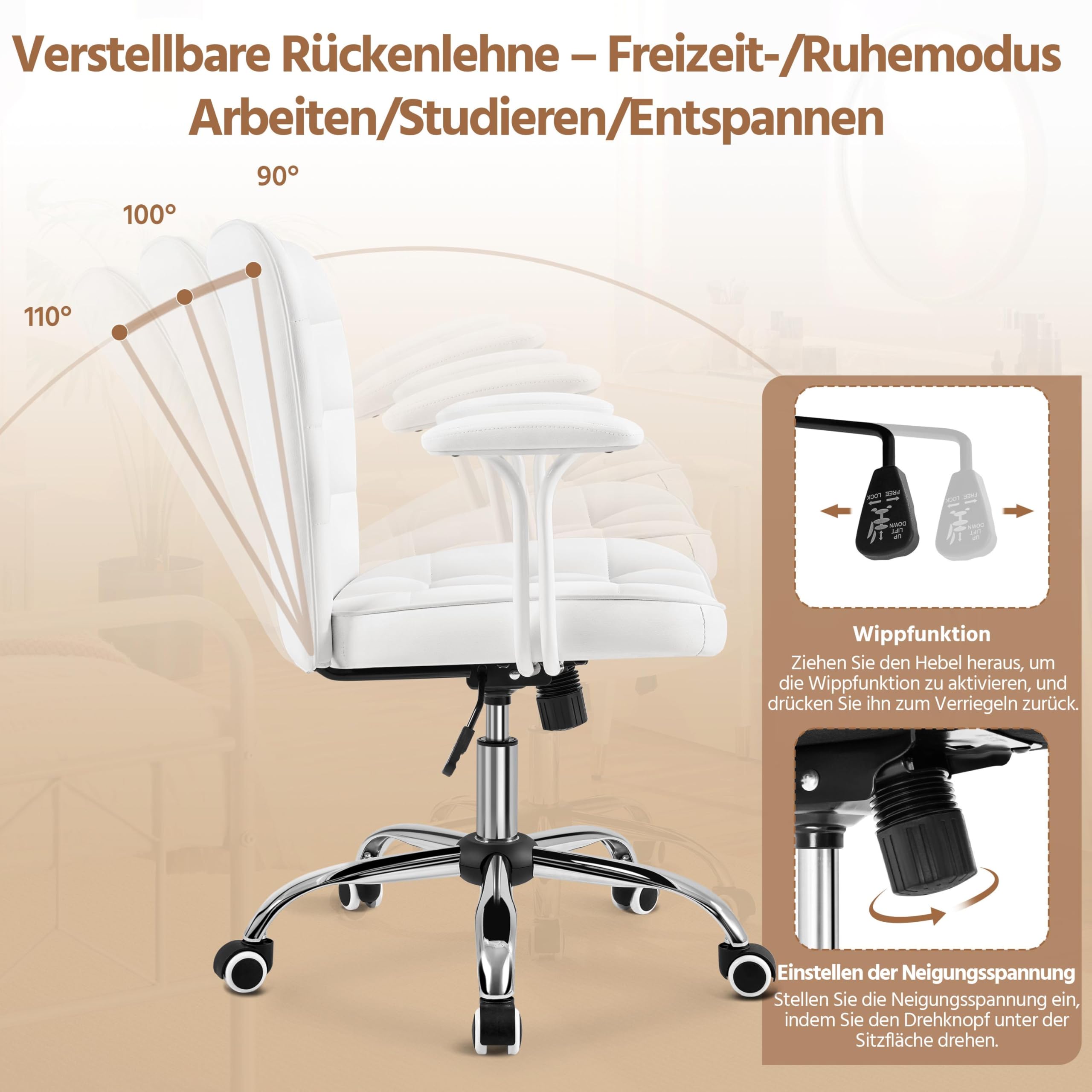 Yaheetech Homeoffice Stuhl Schreibtischstuhl Bürosessel Arbeitsstuhl aus Kunstleder, Drehstuhl mit Weichen Armlehnen, Höhenverstellbarer Polsterstuhl Computerstuhl mit Rollen, Weiß