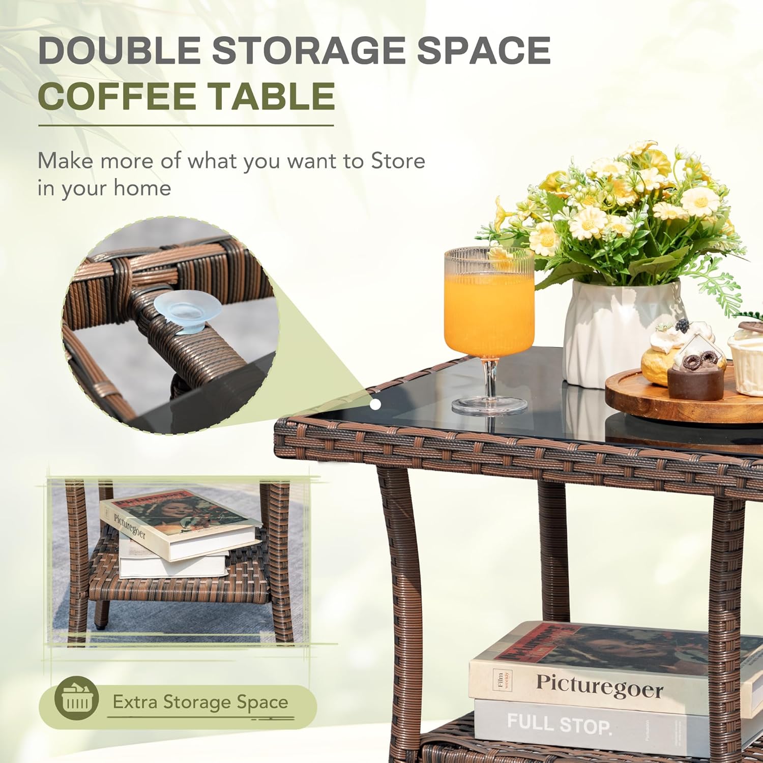 Greesum 3 Piece Outdoor Wicker Rocking Chairs Patio Furniture Set with Glass Coffee Table for Garden Backyard Porch Poolside, Beige