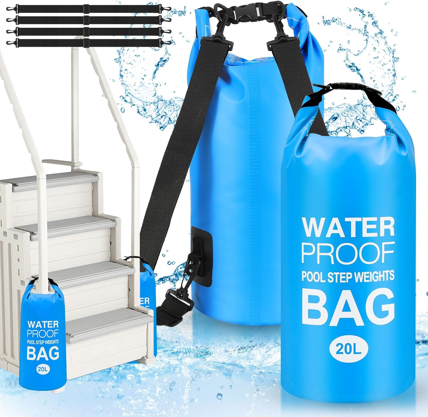 Goovilla Pool Ladder Weights Universal | 2 Pack 20L 500D PVC Waterproof Tear-Resistance Sand Bags for Above Ground Pools Steps | Easy to Fill and Seal with Strong Handle and 4 Straps (Sky Blue)