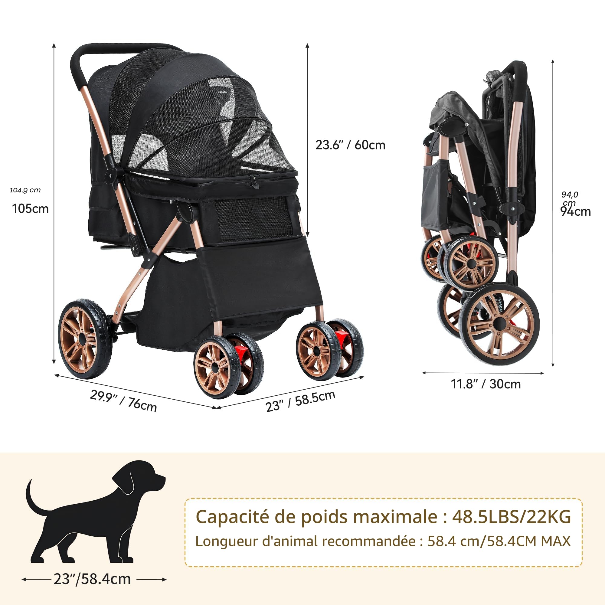 DWVO Poussette 3 en 1 pour Chien et Chat - Pliable jusqu'à 22 kg - Roues EVA Résistantes à l'Usure à 360° - Panier de Rangement - Fenêtre en Filet - 58,5 x 76 x 105 cm