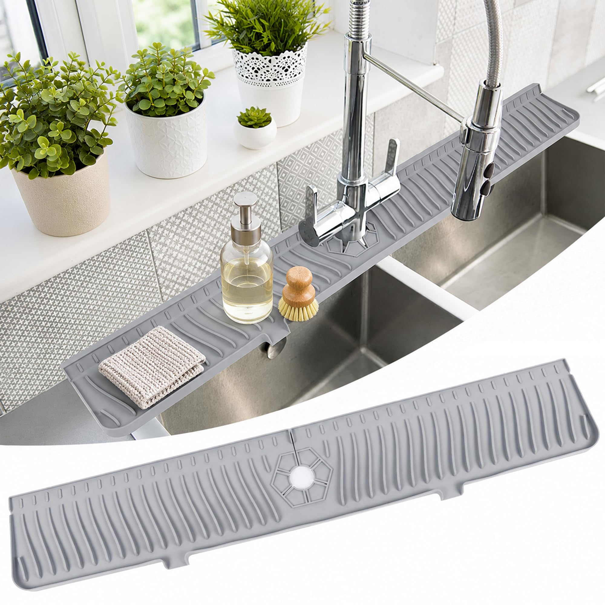 Techson 33 Inch Sink Splash Guard Mat – Extra Long Silicone Faucet Drip Catcher Tray for Kitchen & Bathroom, Quick-Dry Splash Protector for Countertop (Gray) — image 1