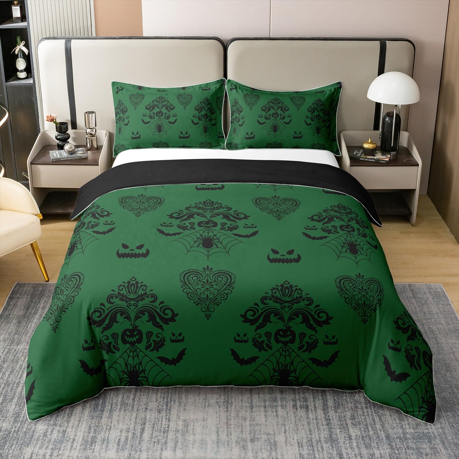 Kids Halloween 100% Cotton Duvet Cover (NO Comforter),Gothic Tribal Flowers Cartoon Pumpinks Bats Silhouette Comforter Cover,Boys Girls Rustic Traditional Halloween Decor Comforter Cover Queen