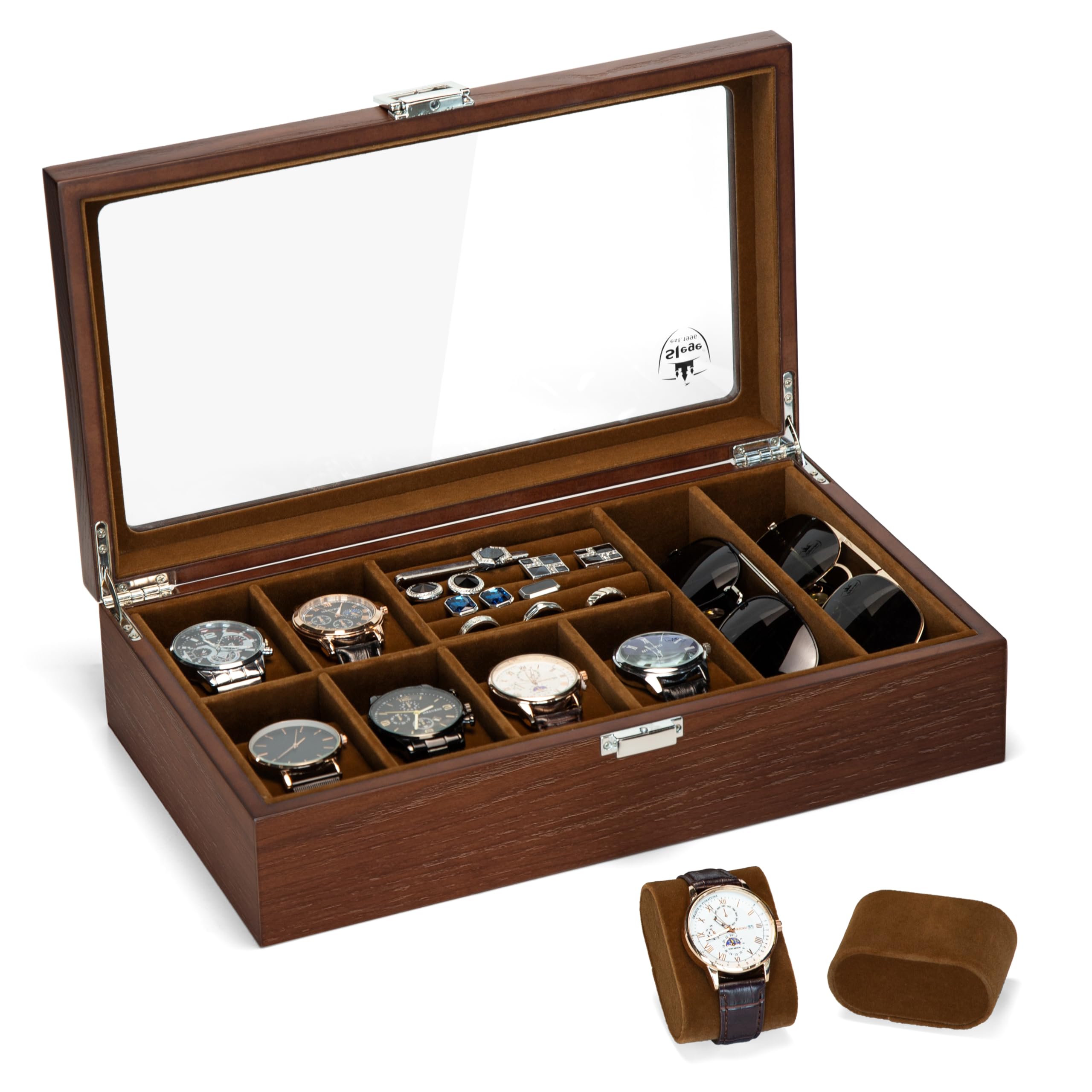 Slege Boîte à Montres en Bois,6 Emplacements,Coffret à Montres avec Couvercle en Verre,Organisateur de Rangement pour Montre,Boîte à Bijoux,Cadeau pour Homme Femme,pour Montre,Lunette de Soleil,Bague